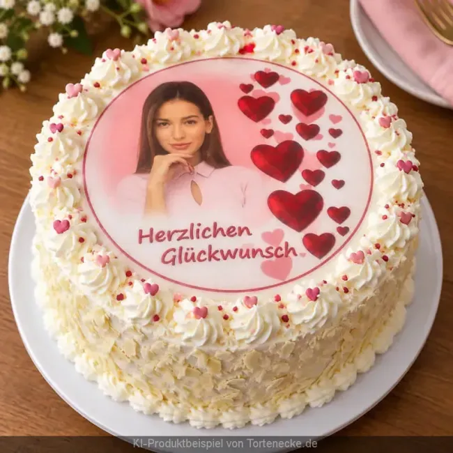 Elegante Geburtstagstorte für Frauen dekoriert mit rundem Foto Tortenaufleger mit roten Herzen